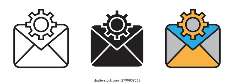 Email Settings and Message Optimization Icon Set. Vector icon set showing a mail envelope combined with a gear cogwheel, symbolizing email configuration, settings, and technical support.