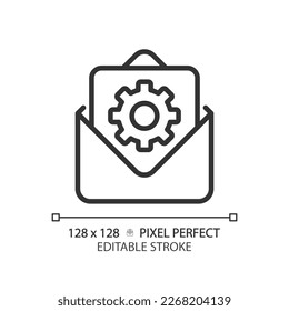 E-Mail-Einstellungen Pixel perfekte lineare Symbol. E-Mail-Konfiguration. Mailbox-Setup. Digitale Kommunikation. Dünne Illustration. Contour-Symbol. Vektorgrafik-Zeichnung. Bearbeitbarer Hub