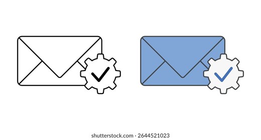 Email setup process icon with envelope, gear, and check mark, in outline and color styles, ideal for illustrating new hire email configuration, IT onboarding, and secure messaging setup.