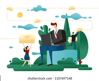 Email Sharing. Man Writes a Letter on Laptop. Little People Carry Envelope With Letter. Design Concept of Sending Messages. Business Vector Illustration