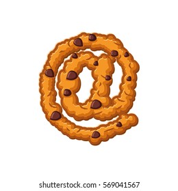 e-mail sign letter cookies. Cookie font. Oatmeal biscuit alphabet symbol. Food sign ABC
