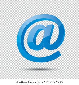 Email sign or at mail icon in 3D design and blue Color on the checked transparent background. Vector illustration. Eps 10 vector file.