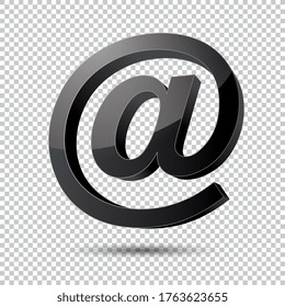 Email sign or at mail icon in 3D design and black Color on the checked transparent background. Vector illustration. Eps 10 vector file.