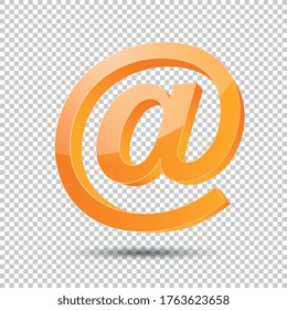 Email sign or at mail icon in 3D design and orange Color on the checked transparent background. Vector illustration. Eps 10 vector file.