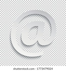 Email sign or at mail icon in flat 3D design and white Color on the checked transparent background. Vector illustration. Eps 10 vector file.
