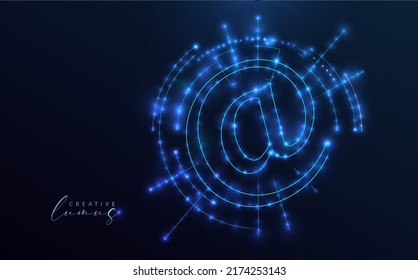 Email sign on futuristic circle. Icon illuminated with stars and lines. Neon effect, starry in the universe. 