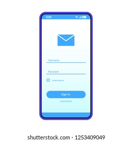 Email sign in smartphone page vector template. Mobile app interface design layout. Mail login, sign up screen. Flat UI application. User registration. Phone display with mailbox password, username