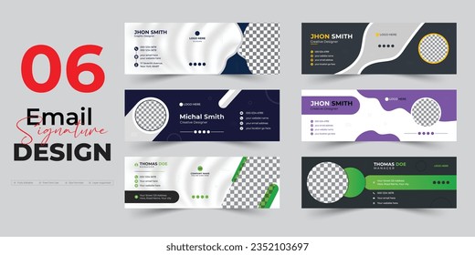 Email signature bundle set collection, Professional 6 email signature designs in 1 pack, Email footer or social media cover banner template set with image places, Modern flat mail bundle design.