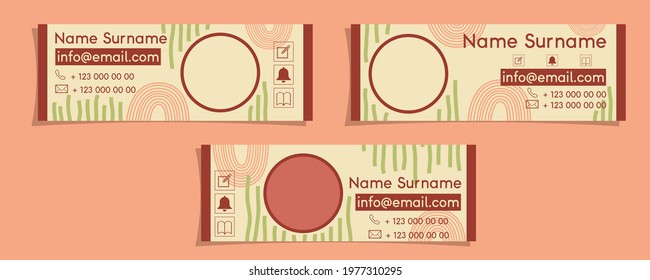 Email signature template design in a minimalistic boho style. Abstract pattern with rainbows and stripes. Free-style email signature. Vector illustration.