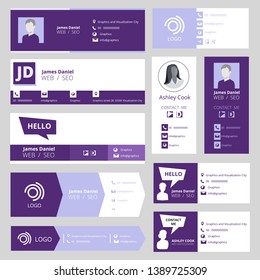 Email signature template. Office business visit cards for webmail user interface vector set