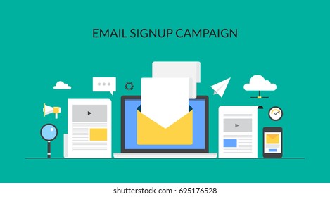 Email signup campaign, newsletter promotion, email marketing, promotional emails, email subscription flat vector banner illustration with icons isolated on green background