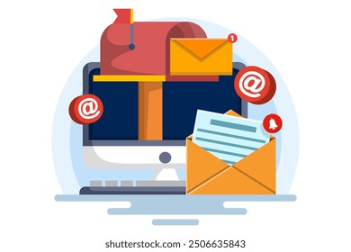 Email and smartphone concept, Email marketing campaign, Work process, New email message. Letter, sheet in envelope, check mark. Sending application. Receiving news. Filled document.