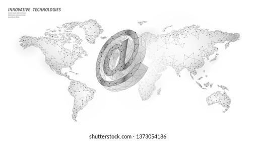 At email social media sign. Low poly 3D polygonal at symbol notification in messenger personal appeal. Online communication web message mobile global world map vector illustration
