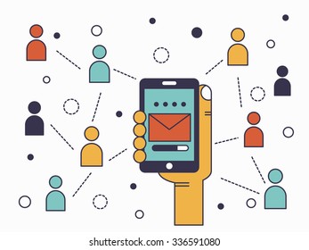Email and social network in line flat design . Vector illustration .  Apply to website , book cover , poster ,  infographics .