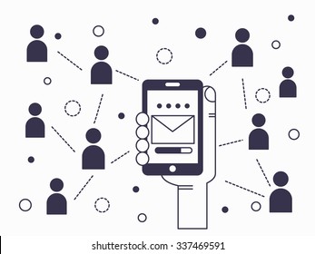 Email and social network in line flat design . Vector illustration .  Apply to website , book cover , poster ,  infographics .
