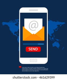 Email social network. Send message on mobile phone. Email marketing. Flat style vector illustration.