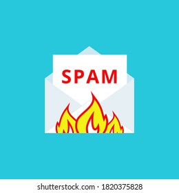 Correo basura, fraude. Hackeo de buzón de correo, advertencia de correo basura. El sobre ardiente. Ilustración vectorial aislada en un fondo azul.