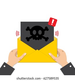Email spam message concept. Internet hacking message, open envelope with black skull bones on paper in hands. Flat design vector illustration.