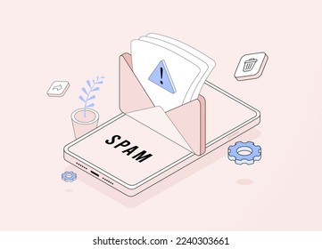 Email Spam messages concept. Irrelevant unsolicited malicious software, email spam distribution, malware spreading virus, scam, fraud e-mail message with envelope flat design outline isometric concept