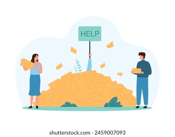 Email spam overload, mail box with marketing messages and newsletters. Tiny people with lot of correspondence, buried in letters person drowning in heap with Help sign cartoon vector illustration