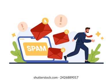 La sobrecarga de correo electrónico spam, muchos correos basura y cartas de marketing reducen la eficiencia y la productividad del hombre de negocios. Hombres pequeños con corbata corriendo en el estrés de los sobres voladores ilustración vectorial de dibujos animados