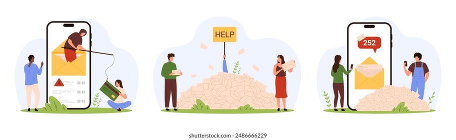 Email spam overload, phishing attack set. Tiny people drowning in letters and mailbox messages with Help sign, scam warning and fishing threat of money theft by criminal cartoon vector illustration