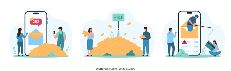 Email spam overload, phishing and scam set. Tiny people with lot of marketing letters, newsletters and messages from full mailbox app, fraud attack from open envelope cartoon vector illustration