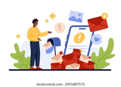 Email spam overload. Tiny man in anxiety and stress from online delivery of many spam letters and documents falling out of full mailbox, warning message on phone screen cartoon vector illustration