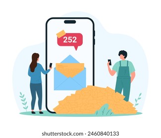 Email spam and SMS overload of mailbox mobile app. Tiny people and heap of scam letters and newsletter, paper envelope with delivery notifications on phone screen cartoon vector illustration