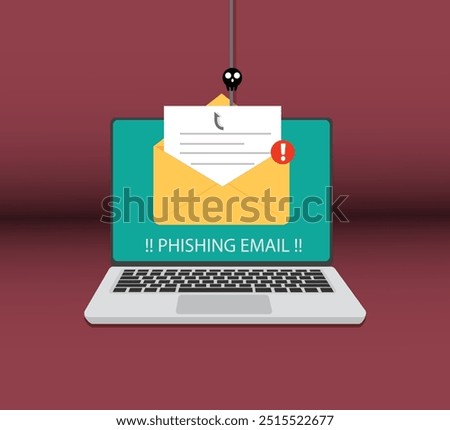 Email spam virus concept. Internet security and cybercrime. Phishing email, fraud, scam and virus warning on laptop vector Illustration