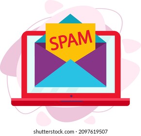 An email spam warning window appears on the laptop screen. A spam envelope. Flat vector illustration.
