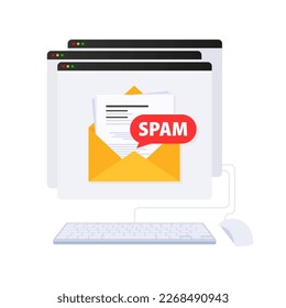 Email spamming attack. Email box hacking, spam warning.