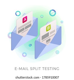 Email Split Test flat isometric vector icon concept. Two promotional mails with a different web development UI interface. E-mail A-B split comparison test with positive feedback isolated on white