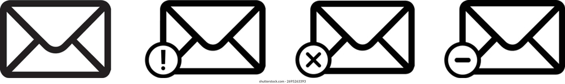 Email status icons set, urgent, deleted, minimized, unread envelope symbols.