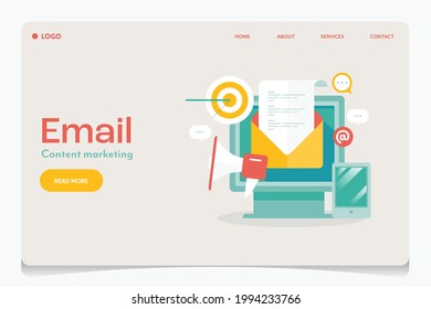 Email strategy, email advertising, newsletter marketing - conceptual vector illustration landing page template with icons and texts