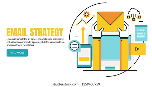 Email strategy - Hand holding email envelope, email subscription flat line vector banner with icons and texts