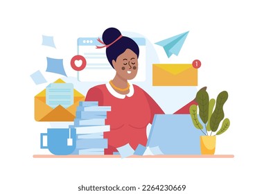 Email subscribe flat concept with woman working at laptop and receiving promo messages vector illustration