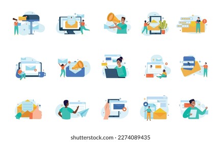 Email subscribe flat set of people receiving newsletters business notification promotional letters isolated vector illustration