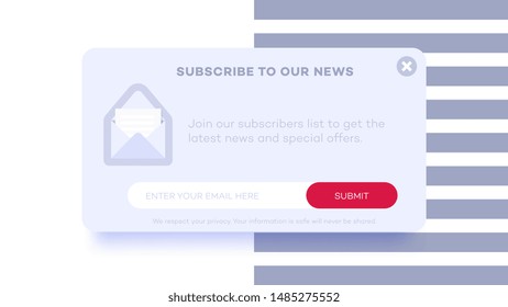 Email subscribe to latest news. Website element with e-mail subscribition Popup form. Web template for subscribition page design. Clean and simple vector illustration.