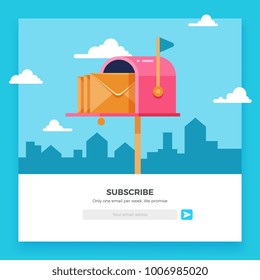 Email subscribe, online newsletter vector template with mailbox and submit button. Envelope and subscribe button, newsletter website illustration