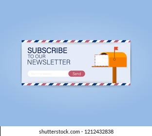 Email subscribe, online newsletter vector template with mailbox and submit button. Vector stock illustration. 