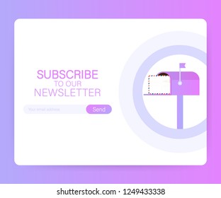 Email subscribe, online newsletter vector template with mailbox and submit button on laptop screen. Vector stock illustration. 