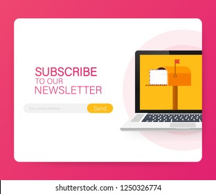 Email subscribe, online newsletter vector template with mailbox and submit button. Vector stock illustration. 