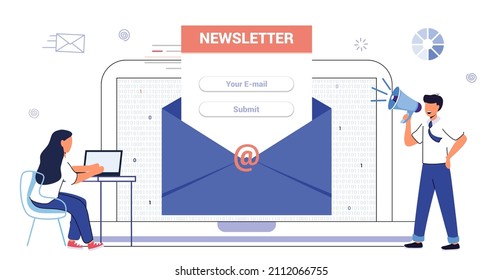 Email subscribe vector flat illustration concept Subscription to newsletter, news, offers, promotions Email marketing system A letter in an envelope Subscribe, submit Send by mail