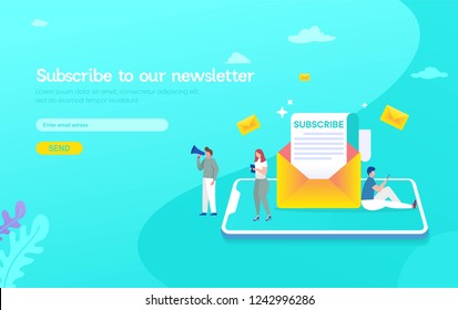 Email subscribe vector illustration concept, email marketing system, people use smartphone and subscribe and received newsletter, can use for, landing page, template, ui, web, mobile app, banner