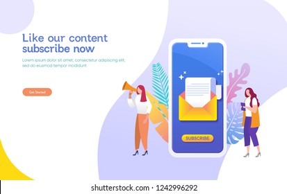 Email subscribe vector illustration concept, email marketing system, people use smartphone and subscribe and received newsletter, can use for, landing page, template, ui, web, mobile app, banner