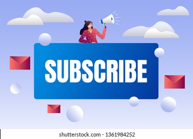 Email subscribe vector illustration concept, email marketing system. Women shout on megaphone with subscribe word. can use for landing page template, ui, web, mobile app, poster, banner, flyer. 