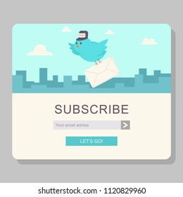 Email subscription with blue bird postman and paper letter. Vector cartoon web concept template for newsletter on a cityscape with clouds background.