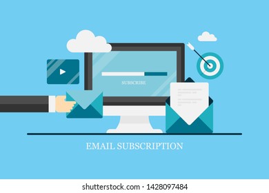 Email subscription, email delivery network, Newsletter marketing - flat design vector banner with icons