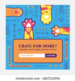 Email subscription design with cat paws. Online newsletter template with fluffy kitten paws on blue background. Domestic animals and pets concept. Design for website illustration